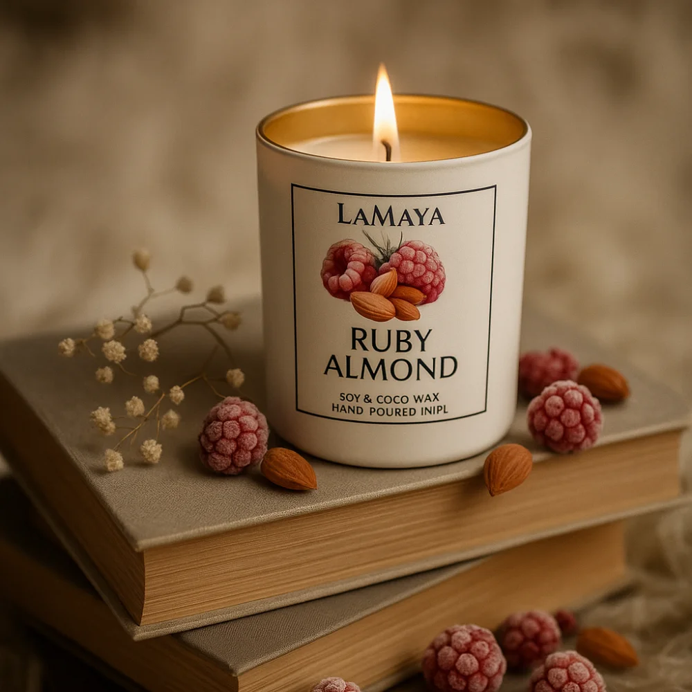 świeca o słodkim zapachu migdałów i malin